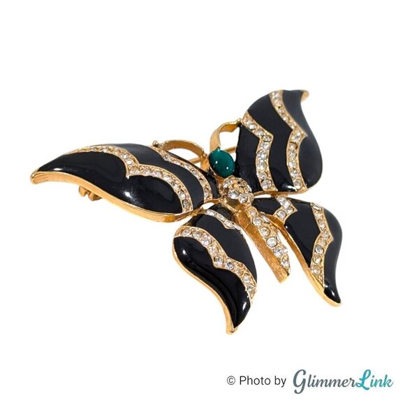 Vintage Black Enamel Butterfly Brooch with Green Cabochon & Clear Rhinestones - Picture 3 of 6